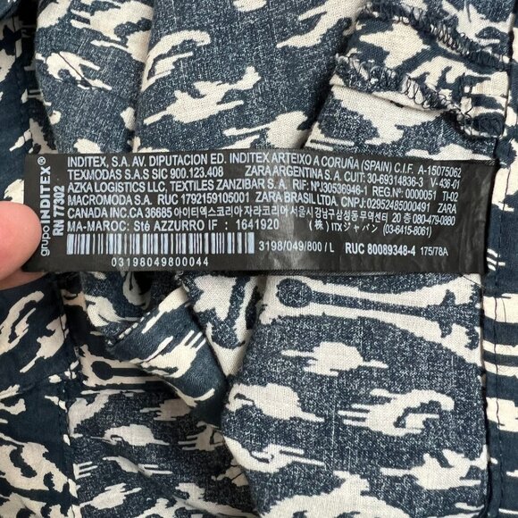 Zara Pants Womens Large Blue Off White Print Straight Leg Button Fly Lightweight - Picture 15 of 16